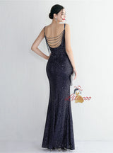 Sequins Spaghetti Straps Backless Beading Prom Dress
