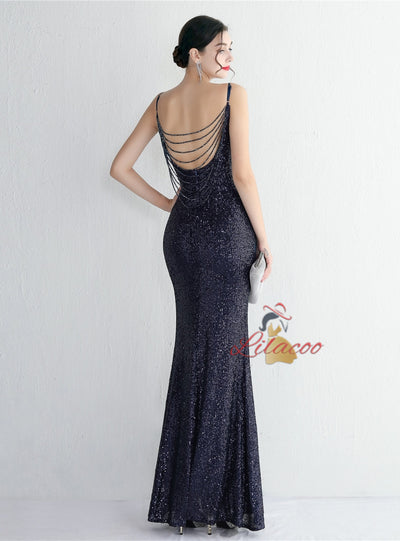 Sequins Spaghetti Straps Backless Beading Prom Dress