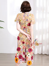 V-neck Bubble Sleeve Slim Three-dimensional Flower Dress