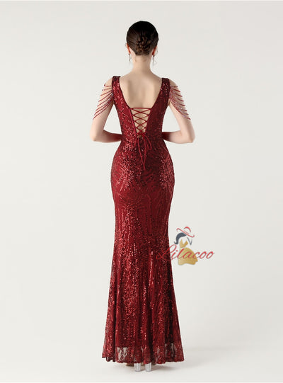 Mermaid Sequins V-neck Beading Prom Dress