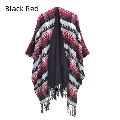 Checked Tassel Split Shawl