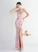 Spaghetti Straps Mermaid Sequins Split Prom Dress