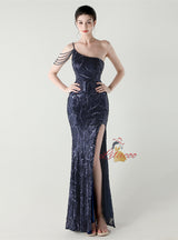 Mermaid Sequins One Shoulder Split Beading Prom Dress