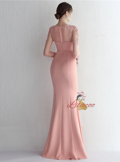 Long Sleeve Mermaid Appliques Prom Dress