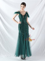 Spaghetti Straps Sequins Feather Prom Dress