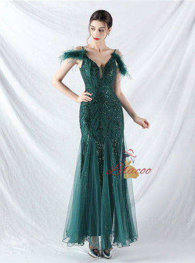 Spaghetti Straps Sequins Feather Prom Dress
