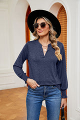 Solid Color V-neck Loose Long Sleeve T-shirt