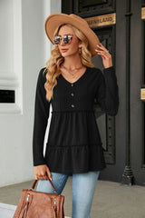 Solid Color V-neck Button Loose Long Sleeve T-shirt