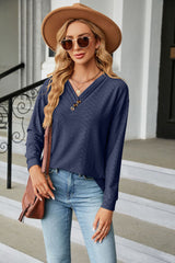 Solid Color V-neck Button Loose Long Sleeve T-shirt