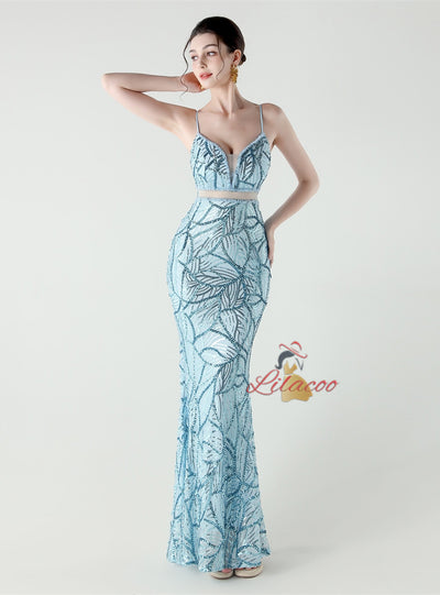 Mermaid Spaghetti Straps Sequins Beading Prom Dress