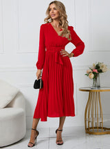 Long Sleeve Slim Pleated Belt V-neck Dress