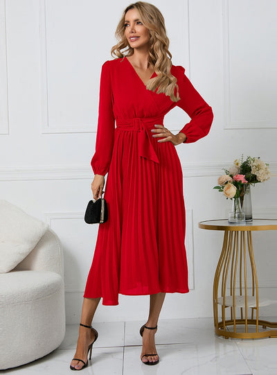 Long Sleeve Slim Pleated Belt V-neck Dress