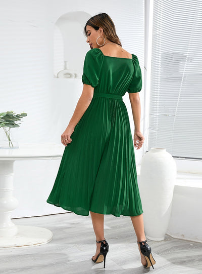 V-neck Pleated Lantern Sleeve Dress