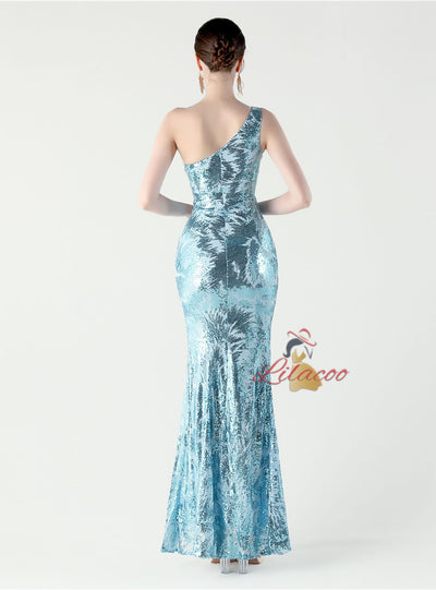 Mermaid Sequins One Shoulder Split Prom Dress