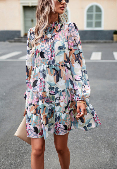 Printed Long-sleeved Short Dress