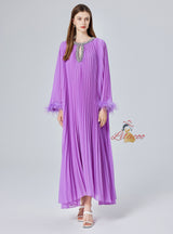 Diamond Beaded Feather Stitching Pleated Loose Dress