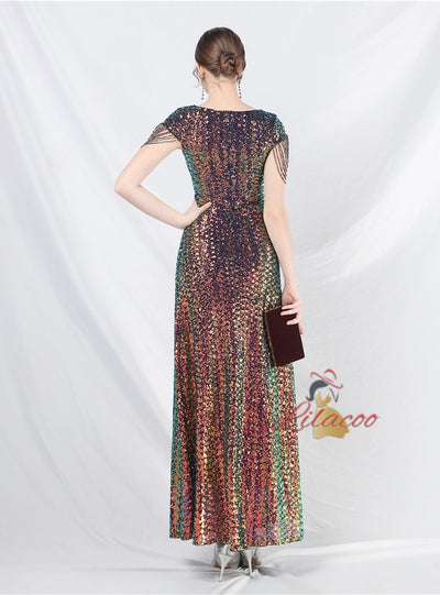 V-neck Sequins Cap Sleeve Beading Prom Dress