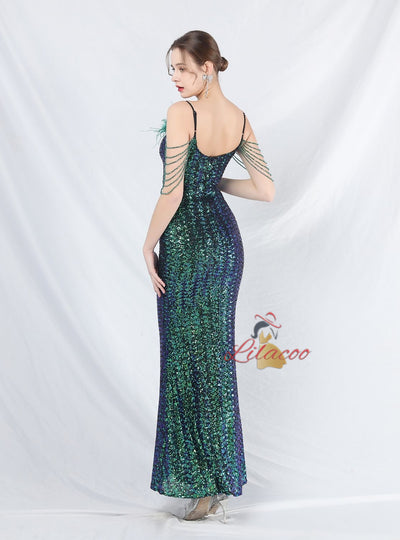 Mermaid Sequins Spaghetti Straps Beading Prom Dress