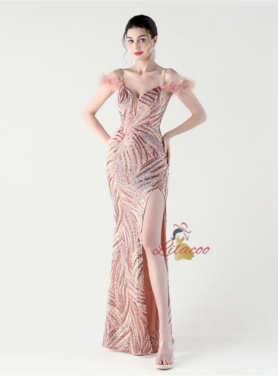 Mermaid Sequins Spaghetti Straps Split Prom Dress