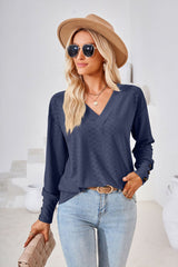 V-neck Jacquard Button Loose T-shirt