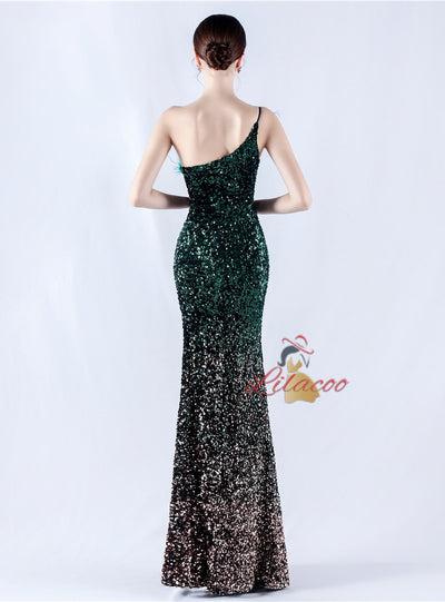 One Shoulder Sequins Feather Prom Dress