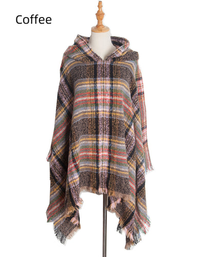 Double-sided Plaid Hooded Cloak Shawl