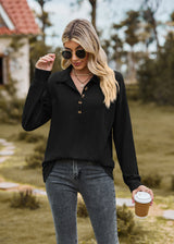 Solid Color Lapel Button Loose Long Sleeve Top
