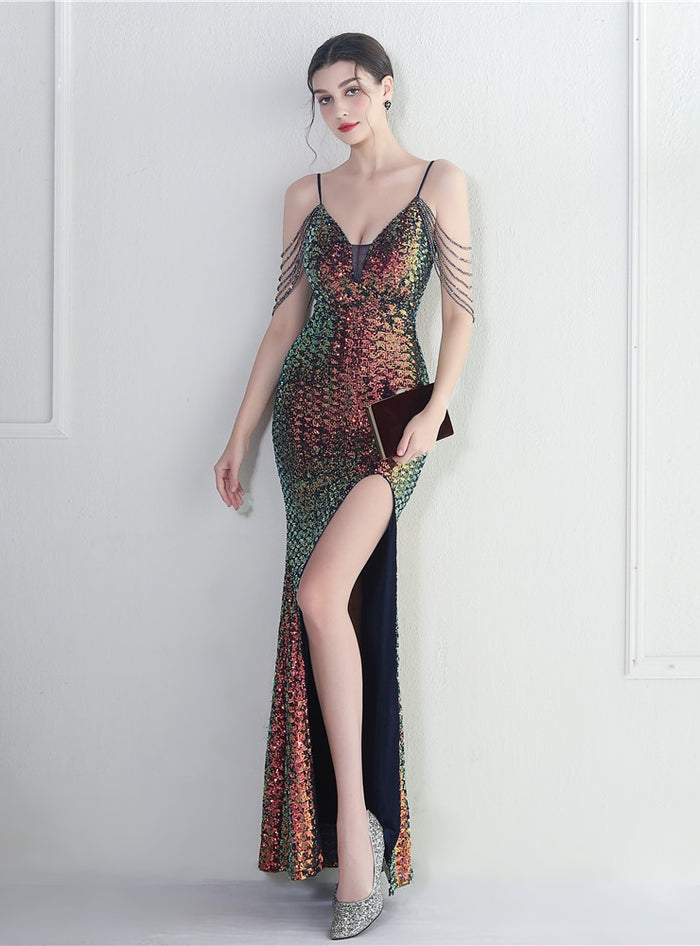 Mermaid Sequins Spaghetti Straps Beading Prom Dress