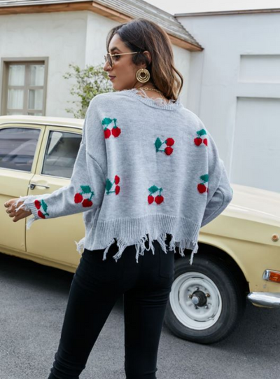 Women V-neck Fringed Sweater