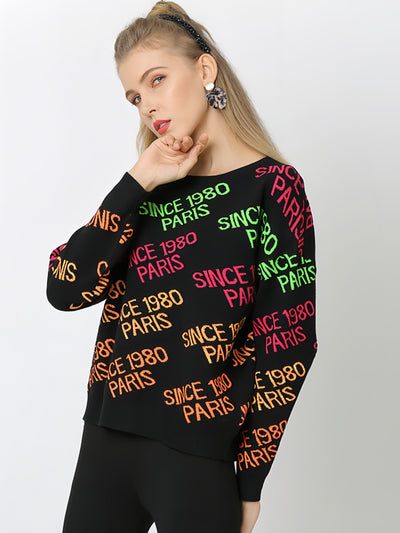 Letter Jacquard Loose Round Neck Sweater