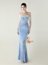 Black Sequins Spaghetti Straps Feather Prom Dress