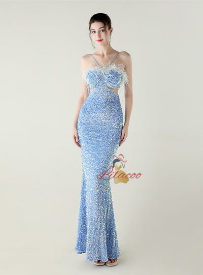 Black Sequins Spaghetti Straps Feather Prom Dress