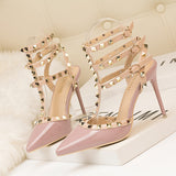 Thin High Heel Patent Leather Metal Rivet Sandals