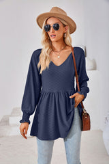 Stitching V-neck Long-sleeved Loose T-shirt