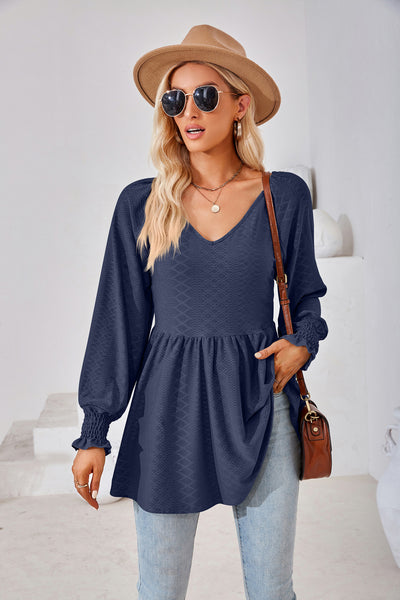 Stitching V-neck Long-sleeved Loose T-shirt