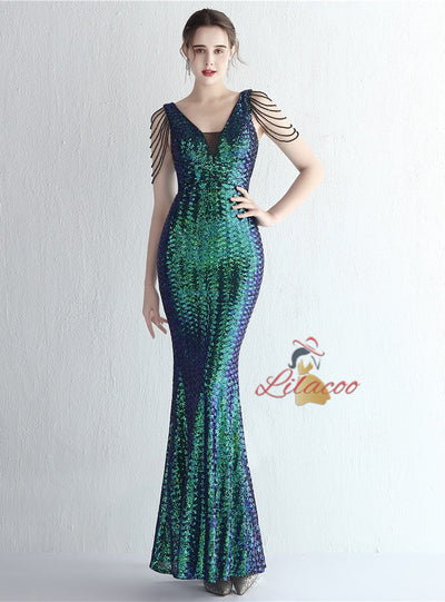 Mermaid Sequins V-neck Beading Prom Dress