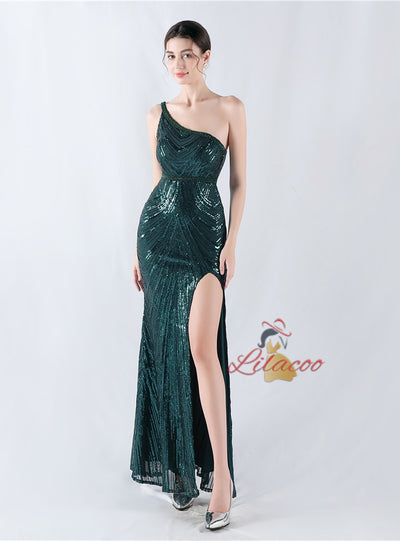 One Shoulder Sequins Beading Prom Dress