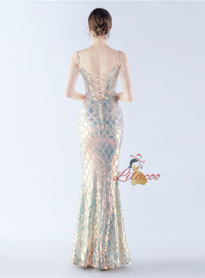 Spaghetti Straps Sequins Beading Split Prom Dress