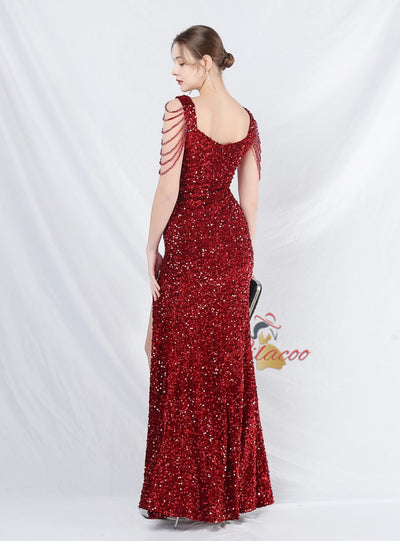 Straps Sequins Beading Split Prom Dress