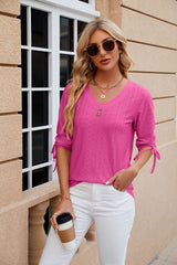 Button V-neck Solid Color Loose T-shirt