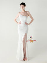 Mermaid Sequins One Shoulder Split Beading Prom Dress