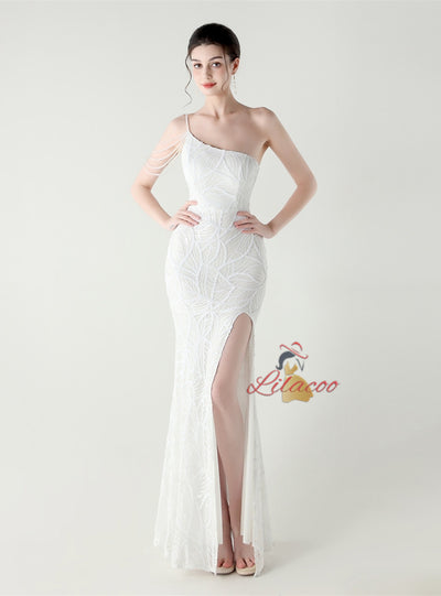 Mermaid Sequins One Shoulder Split Beading Prom Dress