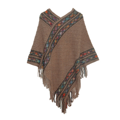 Folk Style Knitted Pullover Cloak Shawl