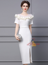 Fuchsia Short Sleeve 3D Flower Mother Of The Bride Dress