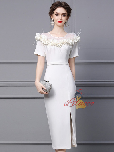 Fuchsia Short Sleeve 3D Flower Mother Of The Bride Dress