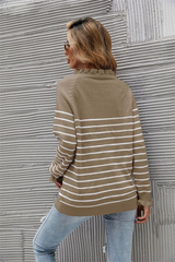Button Wood Ear Striped Stitching Sweater