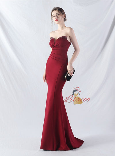 Memraid Strapless Pleats Beading Prom Dress