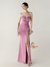 Mermaid Strapless Pleats Beading Prom Dress