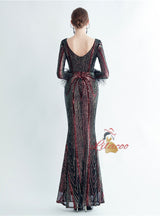 Long Sleeve Mermaid V-neck Sequins Prom Dress