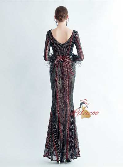 Long Sleeve Mermaid V-neck Sequins Prom Dress